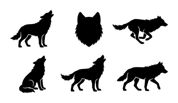 Wolf silhouette collection, set of 6 black animal vectors, howling wolf and running coyote icons, wild predator and forest dog graphics for logos