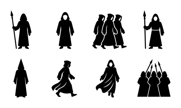 Medieval cultist silhouette icons, hooded monk and wizard character set, dark fantasy priest and sorcerer figures, mysterious cloaked sect vector collection