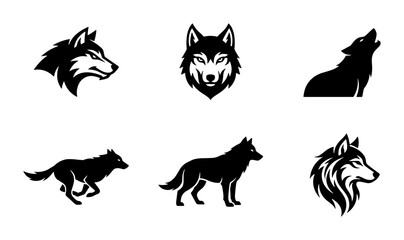 Wolf head and silhouette collection, 6 black and white vector icons, wild animal mascot set, howling and running wolf symbols for sports logos © Nusrat