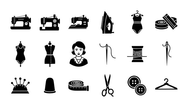Black sewing icons set, tailor equipment and dressmaking tools vector collection, 18 professional needlework and garment manufacturing symbols