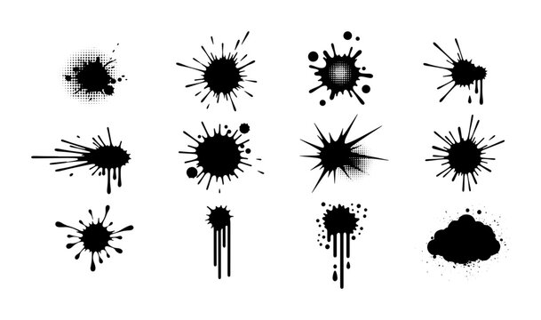 Grunge black ink splatters and paint drips set, 12 abstract liquid splash vector elements, messy artistic inkblot collection for graphic design