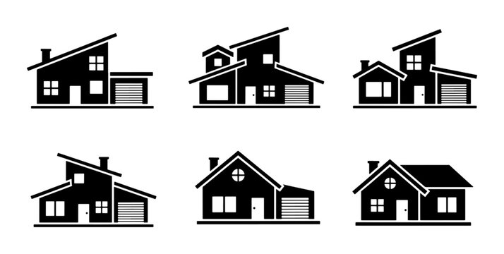 Modern house icons set, black silhouette residential building vector collection, 6 minimalist home exterior designs for real estate and architecture