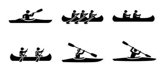 Canoeing and kayaking icon set, black silhouette rowing pictograms, water sports vector collection, professional paddle and boat symbols for navigation © Arifuz