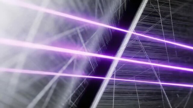 On play start, two magenta beams sliding across woven filaments and grid, intensifying bloom
