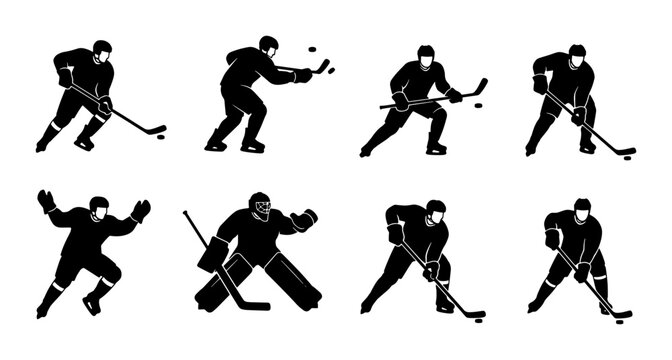 Ice hockey player silhouettes set, 8 black vector icons of athletes in action poses, professional hockey goalie and skaters with sticks and pucks