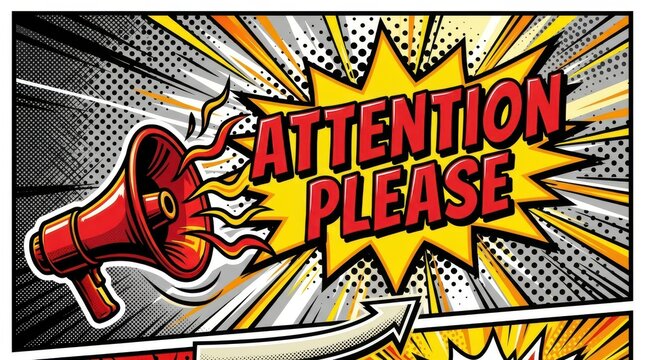 Vintage red megaphone loudly shouting attention please in comic style with yellow burst background.