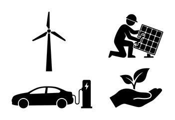 Renewable energy icon set, sustainable green technology symbols, wind turbine and solar panel installation, electric car charging and ecology concept © Arifuz