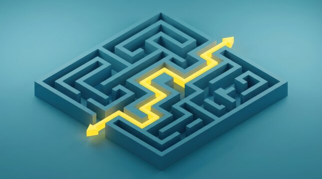 Abstract three dimensional blue maze with glowing yellow arrow showing path through complex puzzle as.