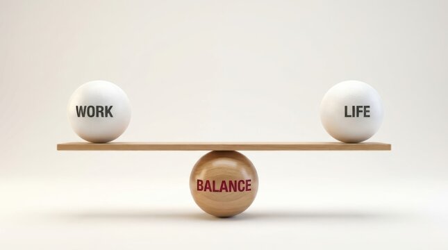 Work life balance concept with spherical weights on wooden seesaw scale over neutral plain background.