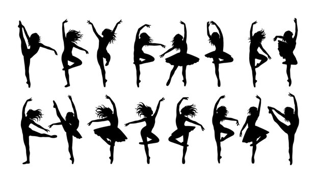 Graceful ballerina silhouettes set, 16 black ballet dancer vector icons, elegant female dancing figures in motion, artistic performance poses