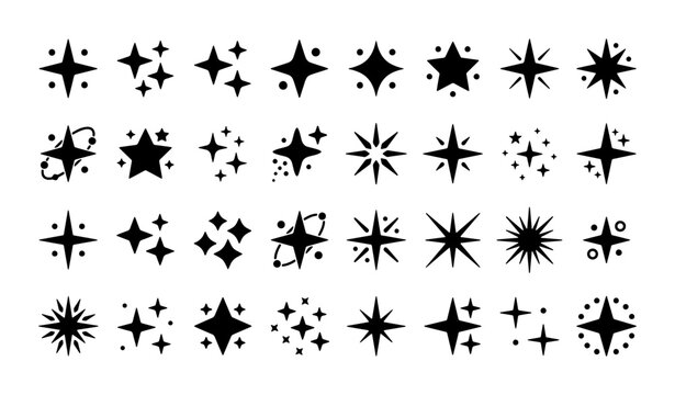 Sparkling star icons set, black celestial twinkle vector elements, 32 minimalist magic glint and shine symbols for graphic design and branding