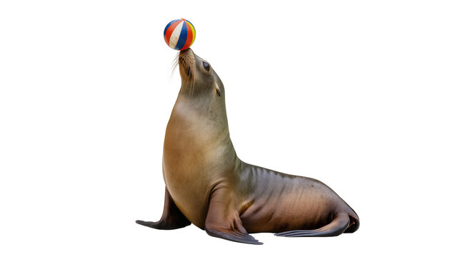 Gray Sea Lion Balancing Colorful Beach Ball on its Nose