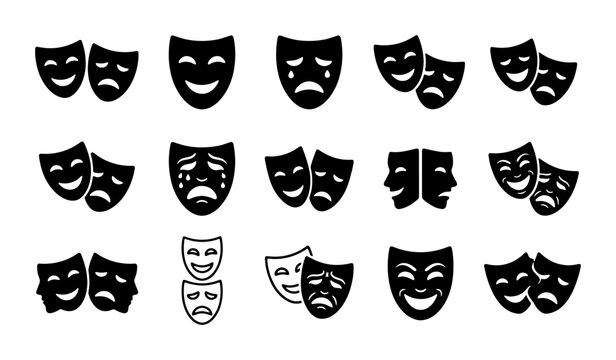 Theater comedy and tragedy masks set, 15 drama mask icons in black and white, theatrical performance and acting symbols, entertainment industry vector graphics
