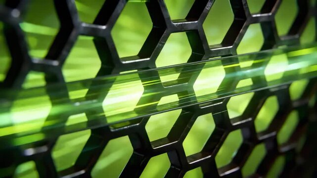 Beam appearing at center and traveling right across black hex grill close-up, creating reflections