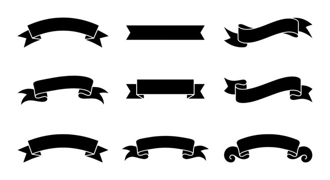 Vintage black ribbon banner set, collection of 9 decorative scroll silhouettes, classic heraldic flag elements for labels and logos, retro curved ribbon vectors