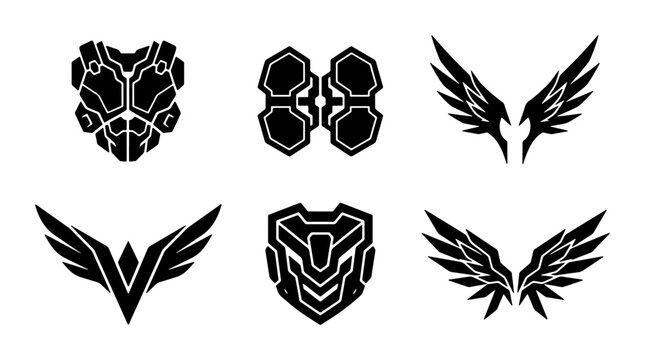 Futuristic sci-fi emblem set, black robotic wing icons and tech shield symbols, 6 cyberpunk gaming logo elements for esports and UI design