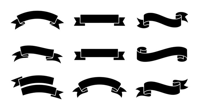 Vintage black ribbon banners set, decorative retro scroll silhouettes, 9 vector banner elements for heraldry and logo design