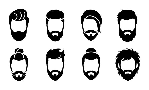 Barbershop hairstyle icons set, 8 male beard and haircut silhouettes, masculine grooming and facial hair styles, black vector head shapes on white