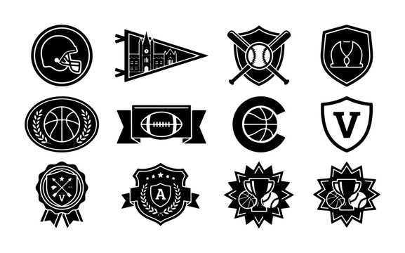 Vintage sports badges and varsity crests set, 12 black and white athletic icons, retro college league emblems and team trophies vector