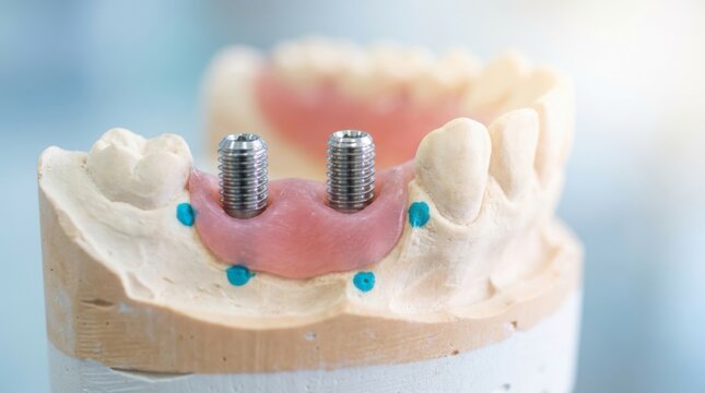 Denture mold showing titanium dental implant abutment screws fixed in prosthetic pink gum material.