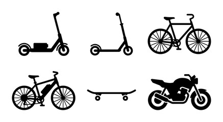 Urban transportation silhouette icons, electric scooter and bicycle vector set, motorcycle and skateboard symbols for city mobility and eco travel © Tanvir