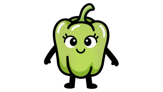 Green cartoon pepper character with arms legs, and smiling face