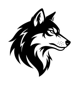 Wolf head mascot vector illustration, fierce timber wolf profile logo, black and white wild animal predator graphic for sports branding