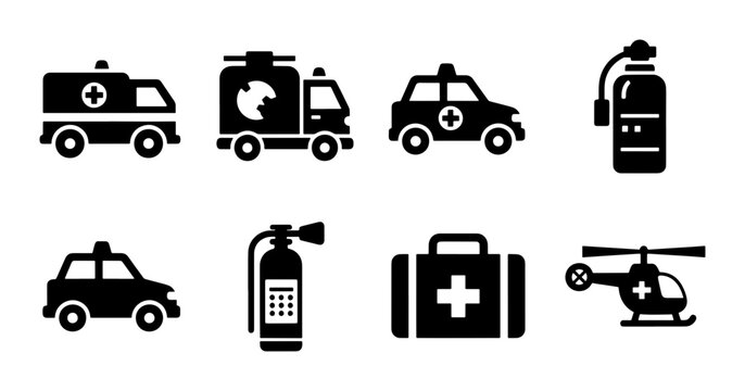 Emergency service icons set, 8 black solid vector symbols of ambulance and fire truck, medical rescue equipment and police car graphics
