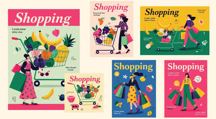 Shopping illustration set, women with grocery carts and bags, colorful flat design posters for retail and fashion, healthy food and lifestyle © Saharia