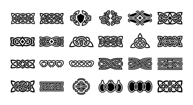 Celtic knot vector set, 24 black traditional viking ornaments, medieval irish decorative borders, ancient gaelic tribal patterns for graphic design