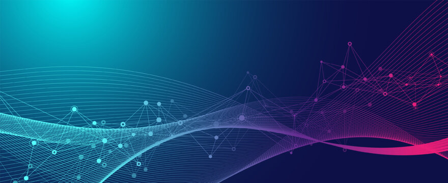 Modern digital technology background design with molecular plexus lines and dots. Futuristic network connection. Data flow. Abstract mesh, big data technology, AI, science, cyberspace.