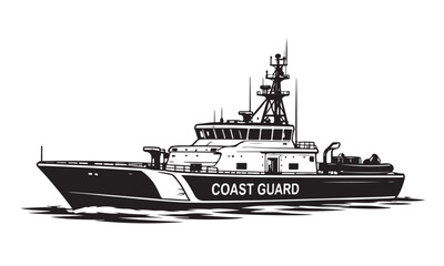 Coast guard patrol boat silhouette, Silhouette, Silhouette Vector, Isolated on White Background © Hin