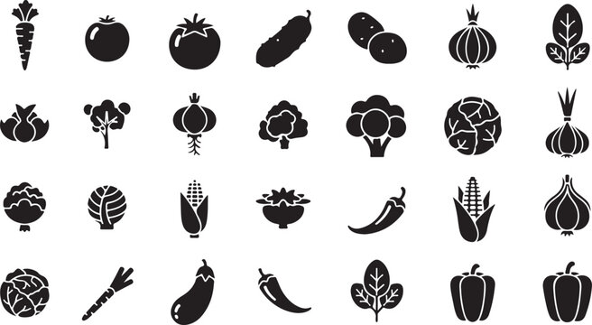 Solid Black Vegetable Icon Set Minimal Silhouette Vector Illustration Collection