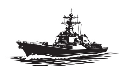 Naval destroyer warship silhouette, Silhouette, Silhouette Vector, Isolated on White Background © Hin