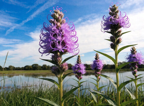 Marsh blazing star (Liatris spicata), best flowers for honey Bees on white background