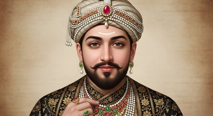 Obraz premium Portrait of an Indian Emperor wearing royal jewelry and turban