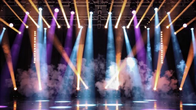 Colorful spotlights through smoke on empty stage