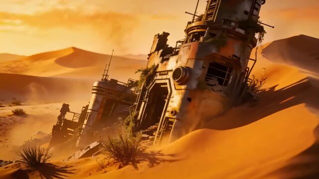 Drifting wind-blown sand slowly burying derelict cylindrical wreck at sunlit desert, with antennae