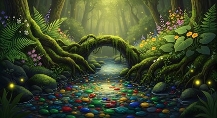 Naklejka premium Magical enchanted forest with glowing stream and colorful pebbles