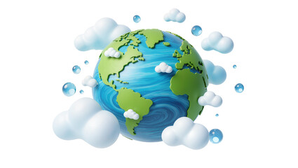 Naklejka premium Blue Green Earth Globe Surrounded by White Clouds and Water Droplets