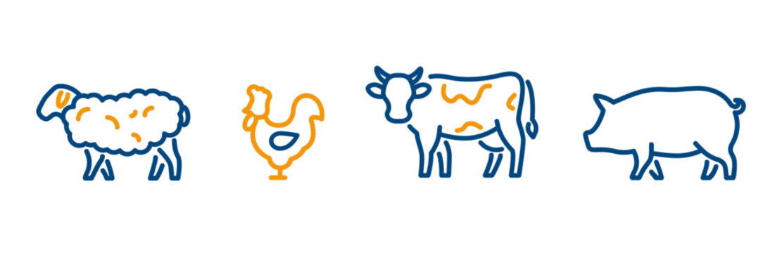 farm animal icon set, rooster, cow, sheep, pig, outline editable icons