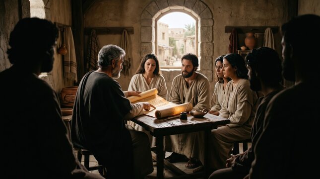 Group of disciples and men and women gathered in ancient room to study scriptures. Early followers reading scroll in biblical times. History, religion, faith, and study of holy text.