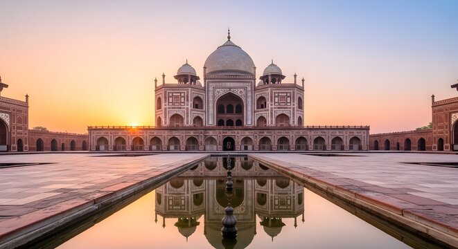 Symmetrical sunrise reflection of Humayun's Tomb a historic UNESCO monument in Delhi India showing grand architecture over the water.