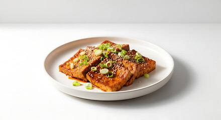 Fototapeta premium Braised tofu Korean with green onions served on a white plate 