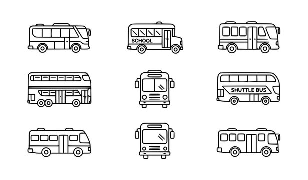 Modern bus UI icon vector set with city school tourist and shuttle transport symbols in line style
