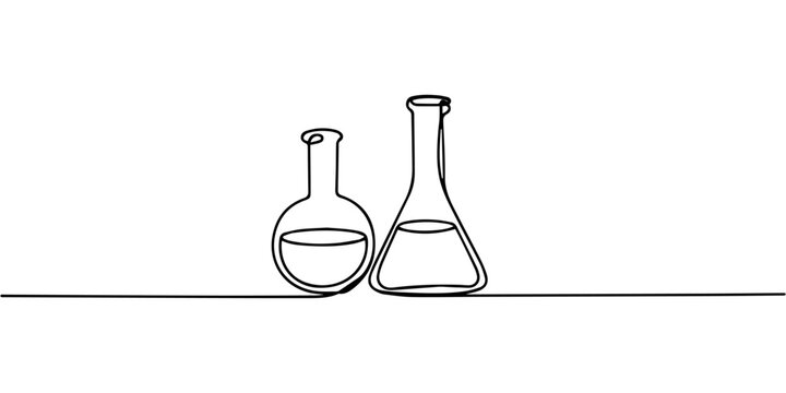 two laboratory beakers continuous one line drawing, Two neck round bottom flask one line continuous drawing. Laboratory glass equipment continuous one line illustration