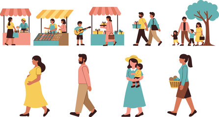 People market and street shopping set with families, vendors and walking scenes, outdoor lifestyle illustration modern vector collection © MstTanzila