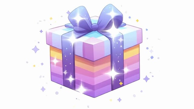 Pastel rainbow gift box with bow and sparkles on white background