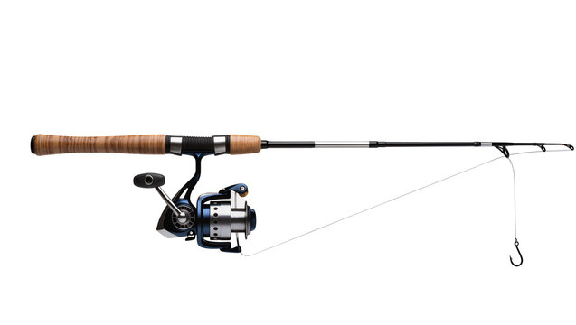 Black spinning fishing rod with reel and silver fishing line