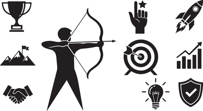 Businessman aiming for success with bow and arrow icons